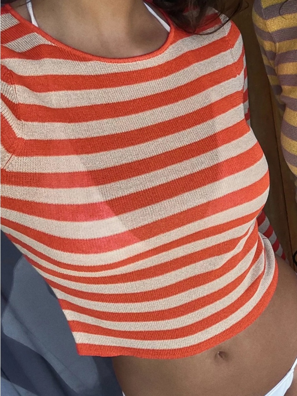 Zara Red and Cream Striped Crewneck Sweater